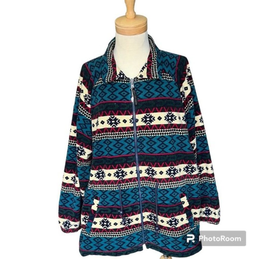 R&R Vintage Zipped down Aztec pattern Fleece Sweater. X-large